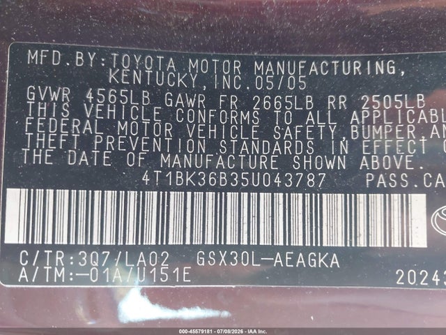 Aukcja sprzedaży 2005 Toyota Avalon Xls, vin: 4T1BK36B35U043787, numer aukcji: 45579181