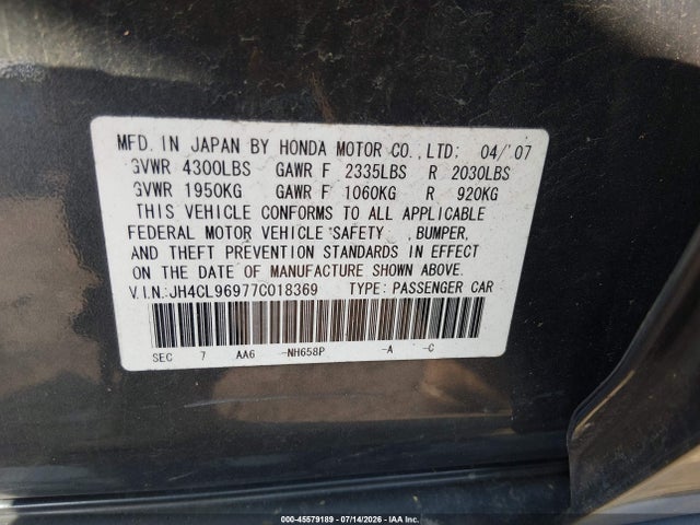 2007 Acura Tsx მანქანა იყიდება აუქციონზე, vin: JH4CL96977C018369, აუქციონის ნომერი: 45579189