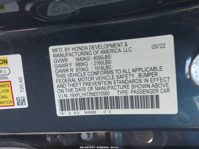 19XFL1H72NE015560 Honda Civic Ex-l
