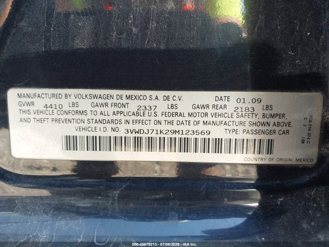 2009 Volkswagen Gli მანქანა იყიდება აუქციონზე, vin: 3VWDJ71K29M123569, აუქციონის ნომერი: 45579213