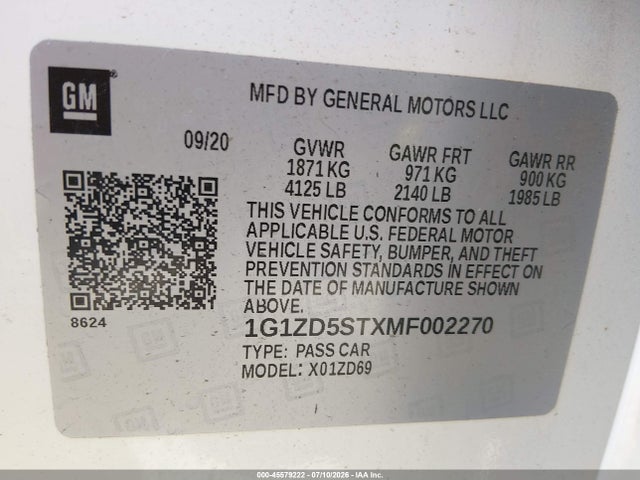2021 Chevrolet Malibu Fwd Lt მანქანა იყიდება აუქციონზე, vin: 1G1ZD5STXMF002270, აუქციონის ნომერი: 45579222