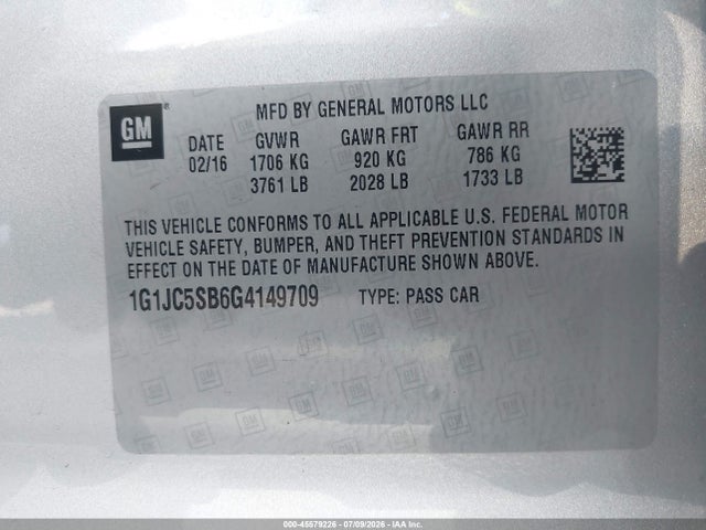 Chevrolet Sonic Lt Auto 2016 1G1JC5SB6G4149709 Image 9