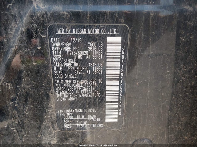 45579261 :رقم المزاد ، JN8AY2NC6L9618780 vin ، 2020 Nissan Armada Sl 4wd مزاد بيع