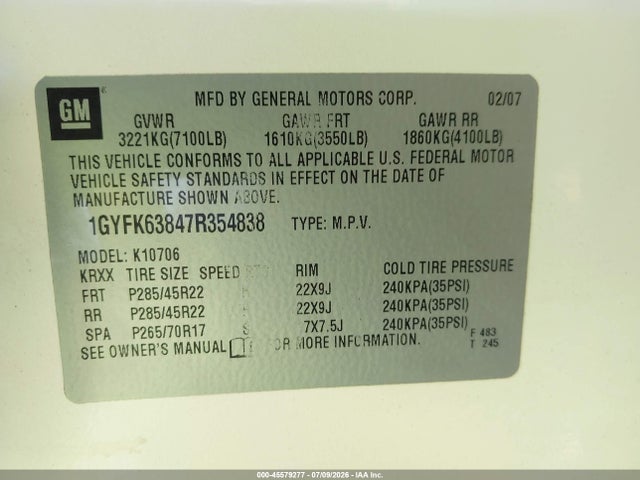 2007 Cadillac Escalade მანქანა იყიდება აუქციონზე, vin: 1GYFK63847R354838, აუქციონის ნომერი: 45579277