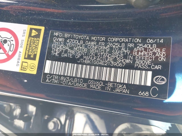 Aukcja sprzedaży 2014 Lexus Es 350, vin: JTHBK1GG4E2139067, numer aukcji: 45579304
