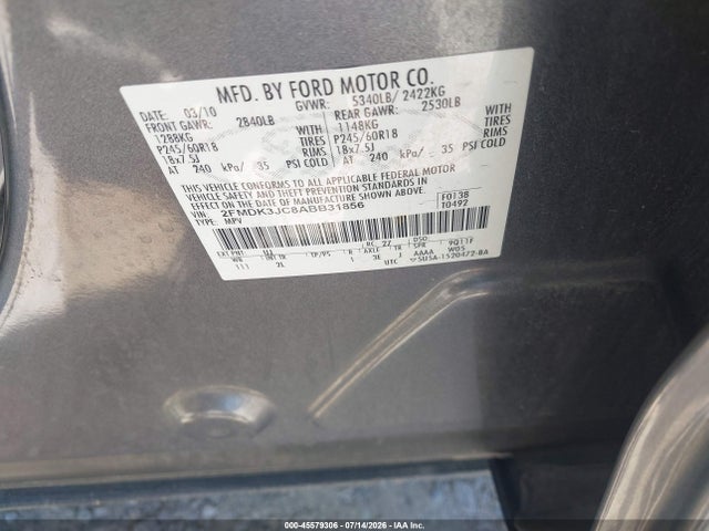 Aukcja sprzedaży 2010 Ford Edge Sel, vin: 2FMDK3JC8ABB31856, numer aukcji: 45579306