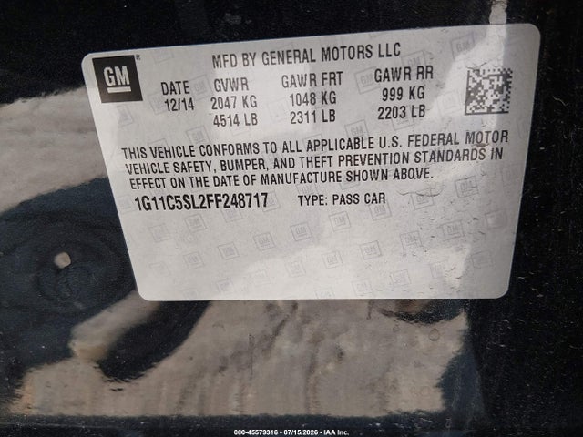 45579316 :رقم المزاد ، 1G11C5SL2FF248717 vin ، 2015 Chevrolet Malibu 1lt مزاد بيع