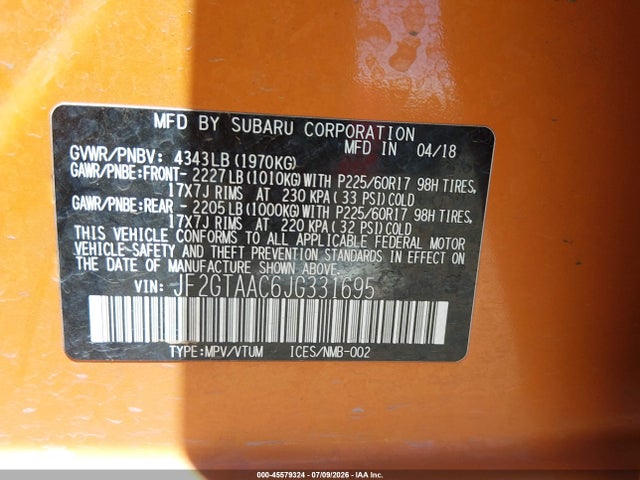 Subaru Crosstrek 2.0i 2018 JF2GTAAC6JG331695 Image 9