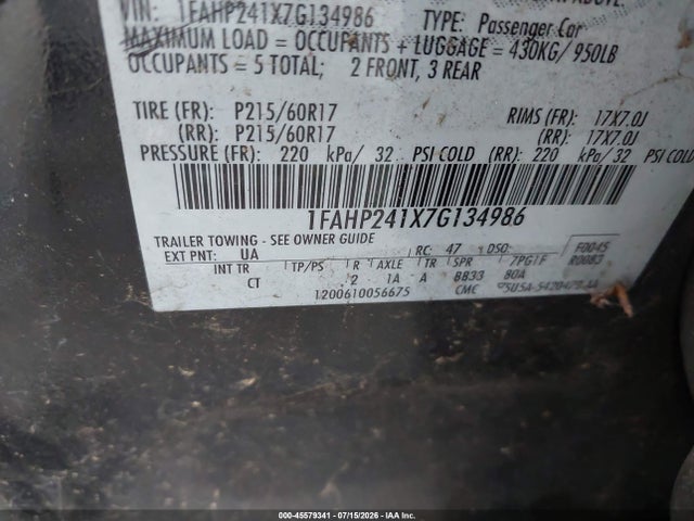 Auction sale of the 2007 Ford Five Hundred Sel, vin: 1FAHP241X7G134986, lot number: 45579341
