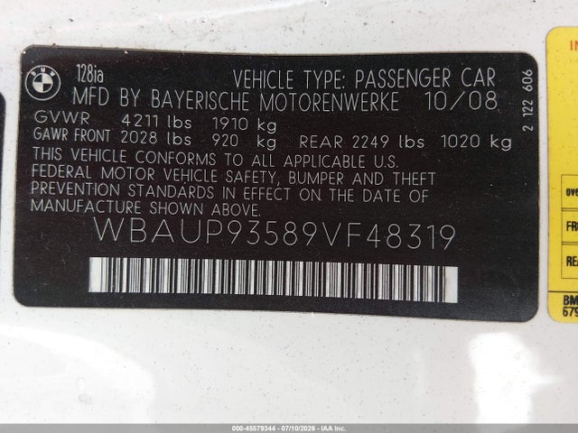 Продаж на аукціоні авто 2009 Bmw 128i, vin: WBAUP93589VF48319, номер лоту: 45579344