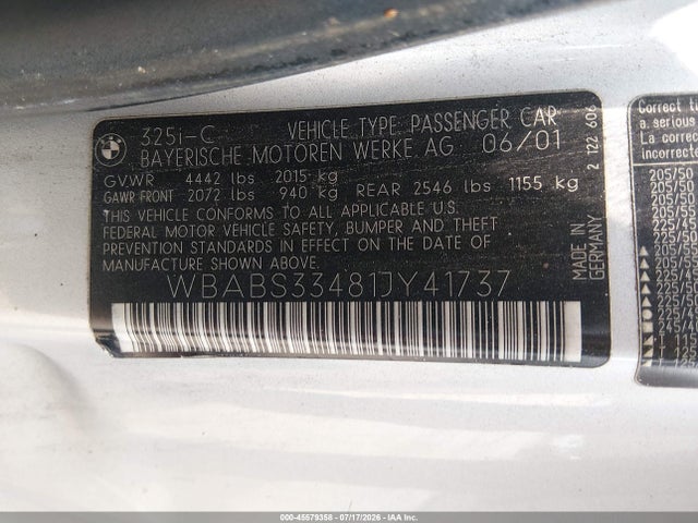 Продаж на аукціоні авто 2001 Bmw 325ci, vin: WBABS33481JY41737, номер лоту: 45579358