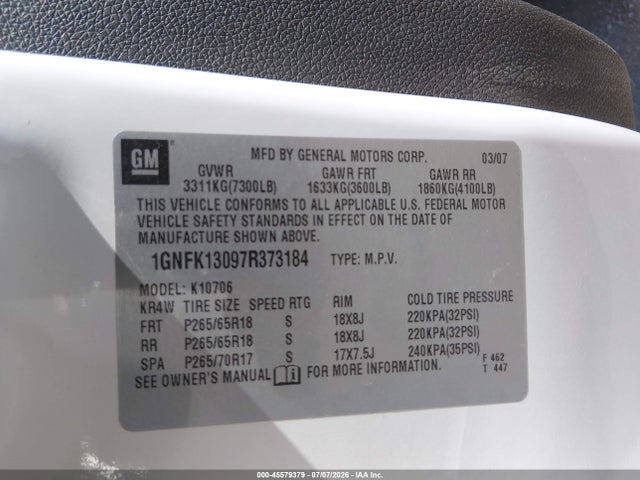 Продажа на аукционе авто 2007 Chevrolet Tahoe Lt, vin: 1GNFK13097R373184, номер лота: 45579379