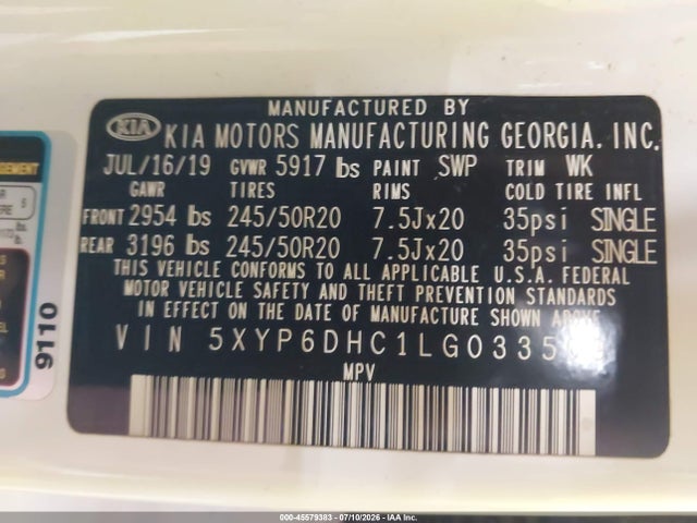 Auction sale of the 2020 Kia Telluride S, vin: 5XYP6DHC1LG033509, lot number: 45579383