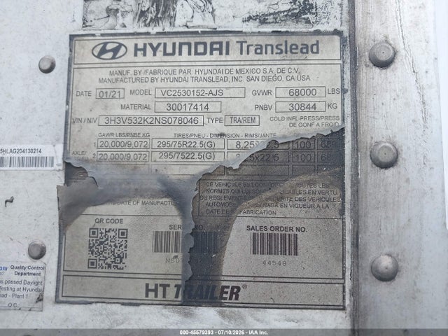 45579393 :رقم المزاد ، 3H3V532K2NS078046 vin ، 2022 Hyundai Translead Inc Van مزاد بيع