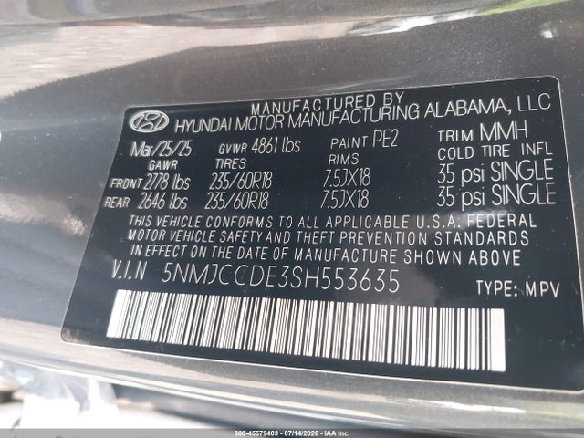 Aukcja sprzedaży 2025 Hyundai Tucson Sel Convenience, vin: 5NMJCCDE3SH553635, numer aukcji: 45579403