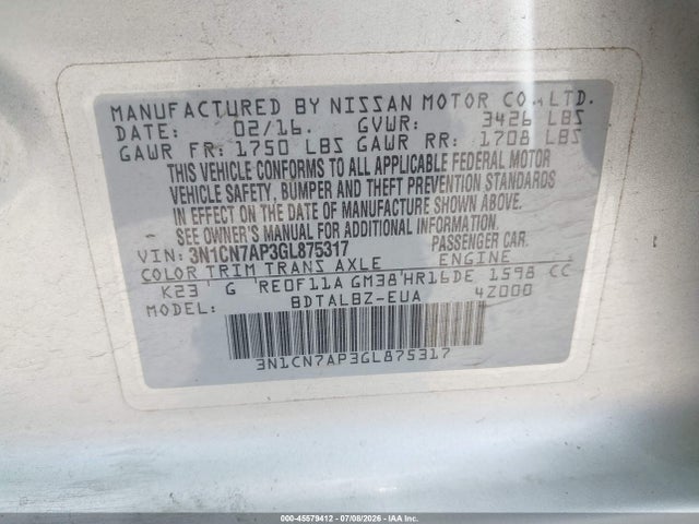 3N1CN7AP3GL875317 Nissan Versa 1.6 S/1.6 S+/1.6 Sl/1.6 Sv