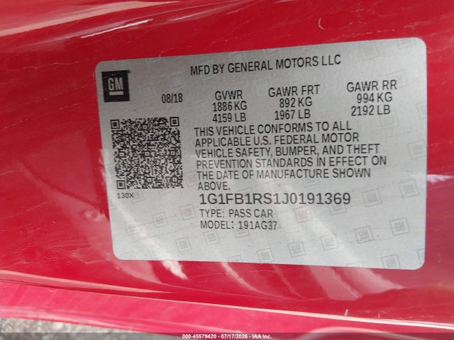 Chevrolet Camaro 1lt 2018 1G1FB1RS1J0191369 Image 9