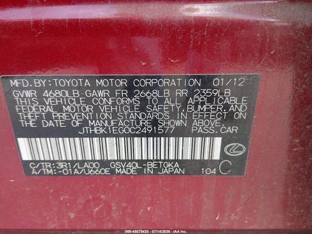 Продажа на аукционе авто 2012 Lexus Es 350, vin: JTHBK1EG0C2491577, номер лота: 45579425
