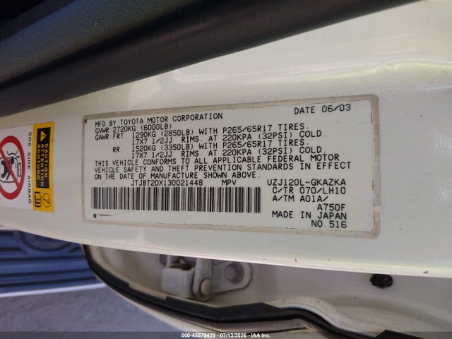 Aukcja sprzedaży 2003 Lexus Gx 470, vin: JTJBT20X130021448, numer aukcji: 45579429