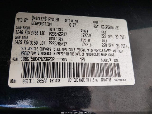 45579432 :رقم المزاد ، 1D8GT58K47W736232 vin ، 2007 Dodge Nitro Slt/rt مزاد بيع