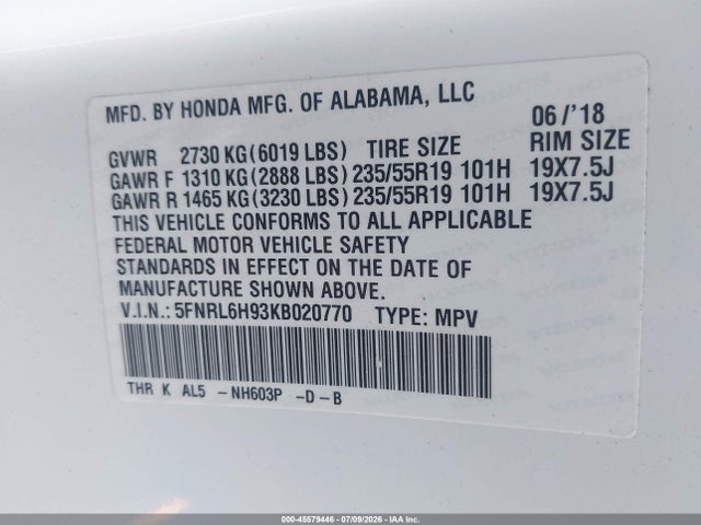 5FNRL6H93KB020770 Honda Odyssey Elite