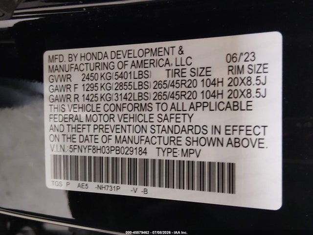 5FNYF8H03PB029184 Honda Passport Awd Elite