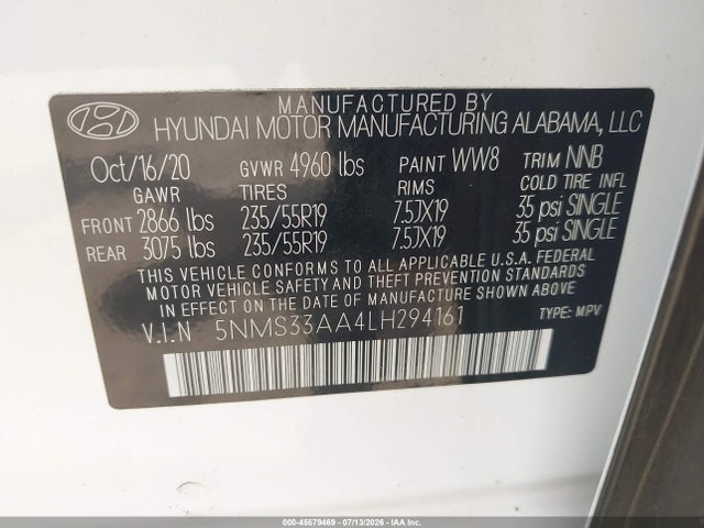 Продаж на аукціоні авто 2020 Hyundai Santa Fe Sel 2.0t, vin: 5NMS33AA4LH294161, номер лоту: 45579469