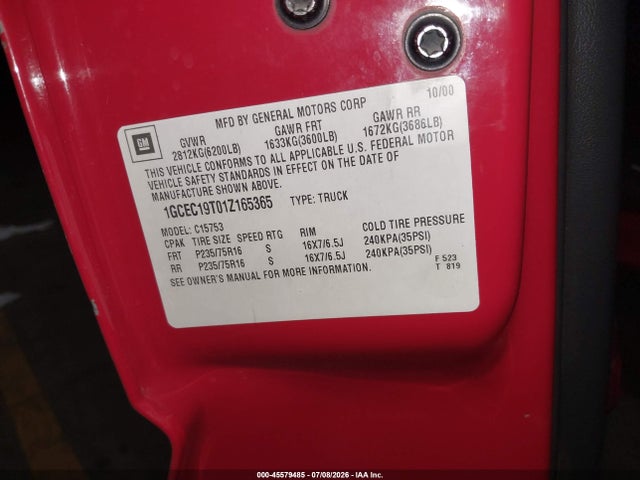 Продаж на аукціоні авто 2001 Chevrolet Silverado 1500 Ls, vin: 1GCEC19T01Z165365, номер лоту: 45579485