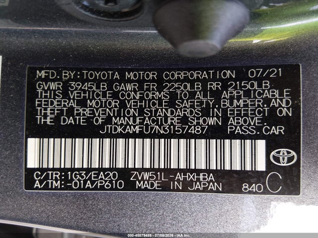 Aukcja sprzedaży 2022 Toyota Prius Xle, vin: JTDKAMFU7N3157487, numer aukcji: 45579488
