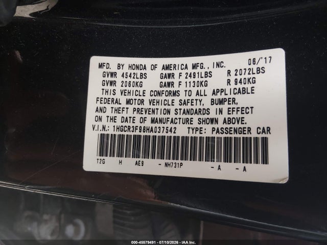 Auction sale of the 2017 Honda Accord Touring V6, vin: 1HGCR3F98HA037542, lot number: 45579491
