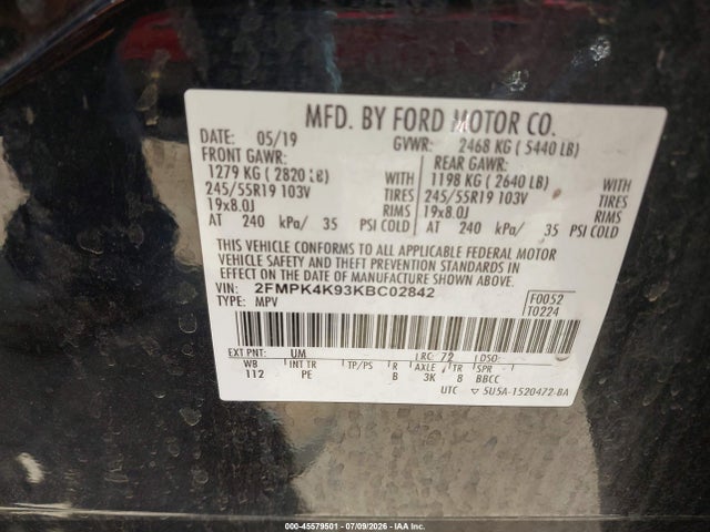 2019 Ford Edge Titanium მანქანა იყიდება აუქციონზე, vin: 2FMPK4K93KBC02842, აუქციონის ნომერი: 45579501
