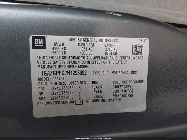 2017 Chevrolet Express 3500 Lt მანქანა იყიდება აუქციონზე, vin: 1GAZGPFG7H1293992, აუქციონის ნომერი: 45579538