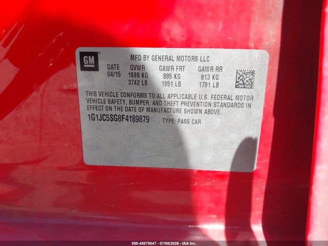 Aukcja sprzedaży 2015 Chevrolet Sonic Lt Auto, vin: 1G1JC5SG8F4189879, numer aukcji: 45579547