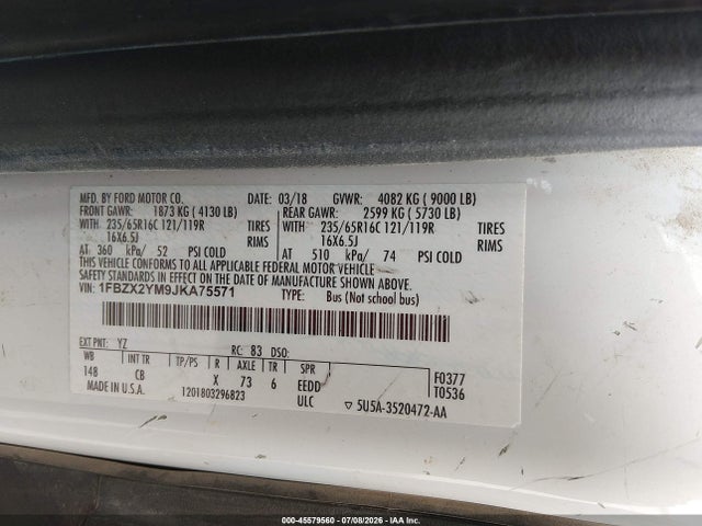 Aukcja sprzedaży 2018 Ford Transit-350 Xl, vin: 1FBZX2YM9JKA75571, numer aukcji: 45579560