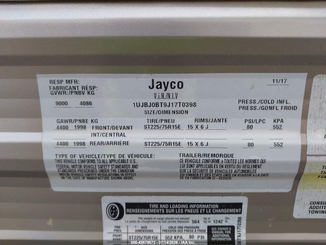 2018 Jayco Other მანქანა იყიდება აუქციონზე, vin: 1UJBJ0BT9J17T0398, აუქციონის ნომერი: 45579572