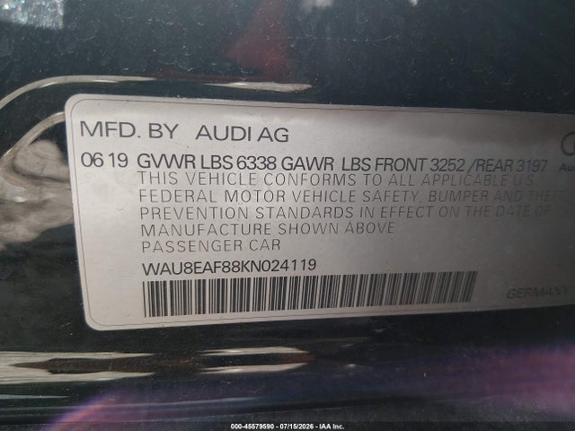 45579590 :رقم المزاد ، WAU8EAF88KN024119 vin ، 2019 Audi A8 L 60 مزاد بيع