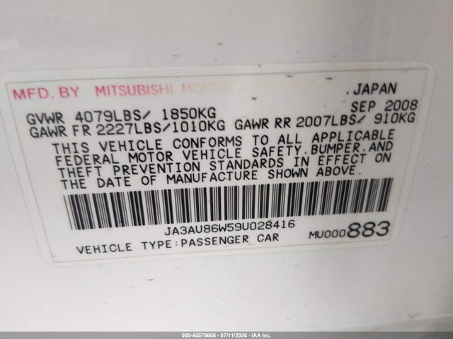 Aukcja sprzedaży 2009 Mitsubishi Lancer Gts, vin: JA3AU86W59U028416, numer aukcji: 45579606