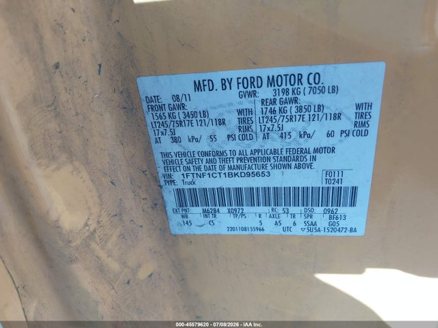 Продажа на аукционе авто 2011 Ford F-150 Xl, vin: 1FTNF1CT1BKD95653, номер лота: 45579620