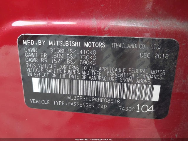 Aukcja sprzedaży 2019 Mitsubishi Mirage G4 Es, vin: ML32F3FJ9KHF08518, numer aukcji: 45579621
