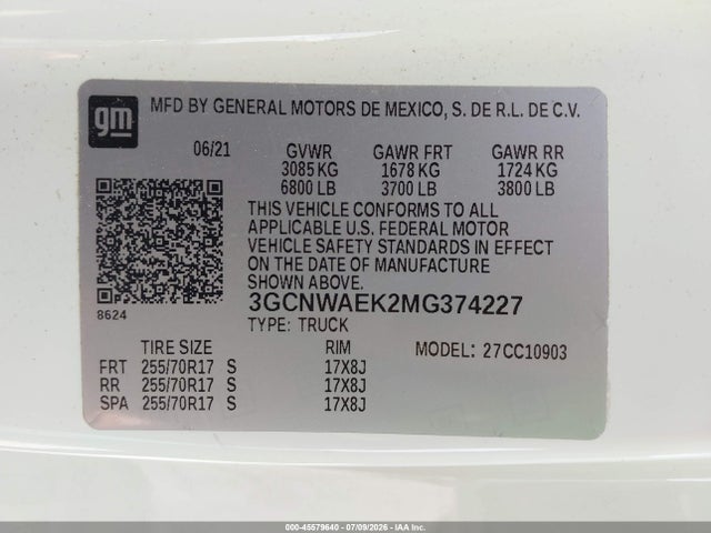 Продажа на аукционе авто 2021 Chevrolet Silverado 1500 2wd  Long Bed Wt, vin: 3GCNWAEK2MG374227, номер лота: 45579640