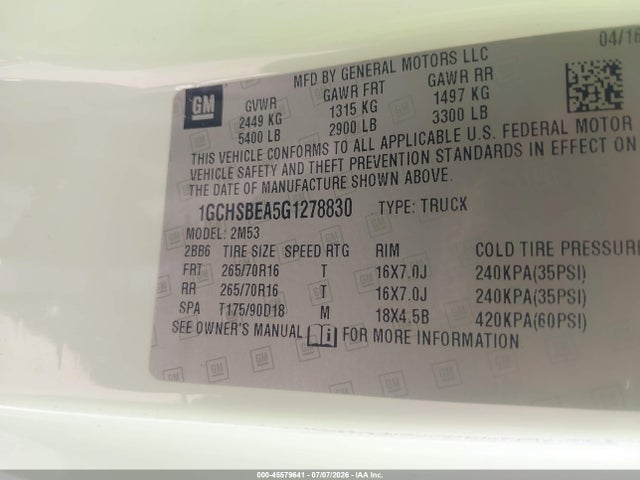 1GCHSBEA5G1278830 Chevrolet Colorado 2wd Wt