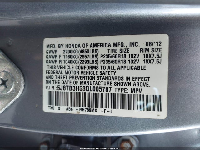 45579666 :رقم المزاد ، 5J8TB3H53DL005787 vin ، 2013 Acura Rdx مزاد بيع