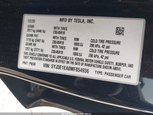 5YJ3E1EA0MF854936 Tesla Model 3 Standard Range Plus Rear-wheel Drive