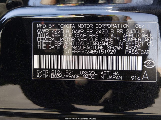 Продаж на аукціоні авто 2011 Lexus Is 250, vin: JTHBF5C24B5151929, номер лоту: 45579678