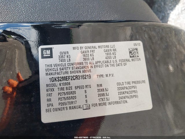 2012 Gmc Yukon Xl 1500 Denali მანქანა იყიდება აუქციონზე, vin: 1GKS2MEF2CR316219, აუქციონის ნომერი: 45579695