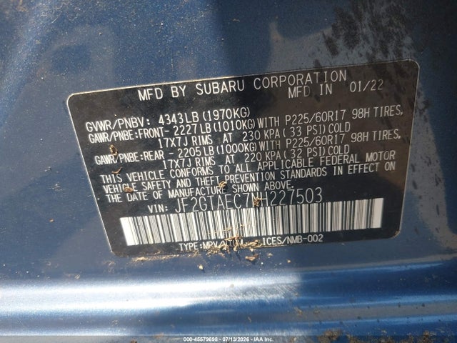 Auction sale of the 2022 Subaru Crosstrek Premium, vin: JF2GTAEC7NH227503, lot number: 45579698