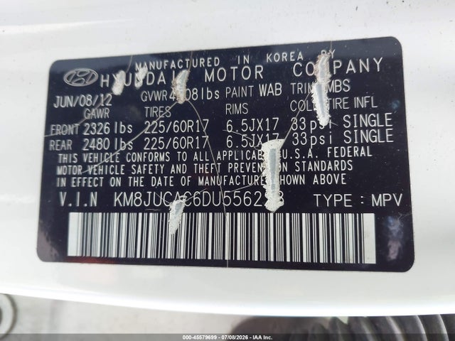 Aukcja sprzedaży 2013 Hyundai Tucson Gls, vin: KM8JUCAC6DU556228, numer aukcji: 45579699
