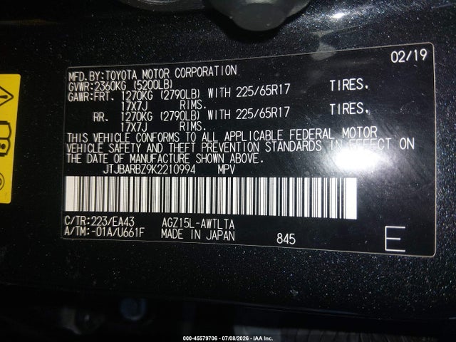 45579706 :رقم المزاد ، JTJBARBZ9K2210994 vin ، 2019 Lexus Nx 300 مزاد بيع