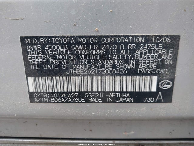 Aukcja sprzedaży 2007 Lexus Is 350, vin: JTHBE262172008426, numer aukcji: 45579707