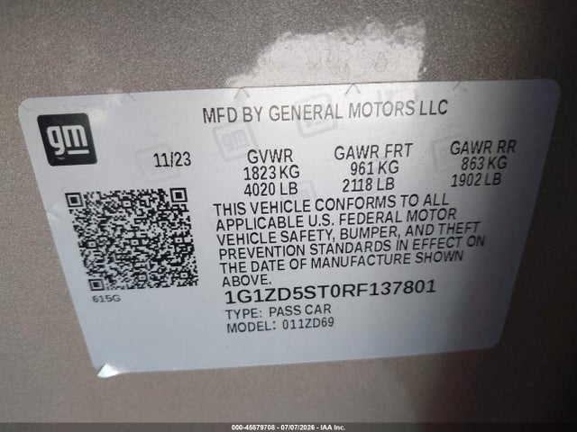 Auction sale of the 2024 Chevrolet Malibu Fwd 1lt, vin: 1G1ZD5ST0RF137801, lot number: 45579708